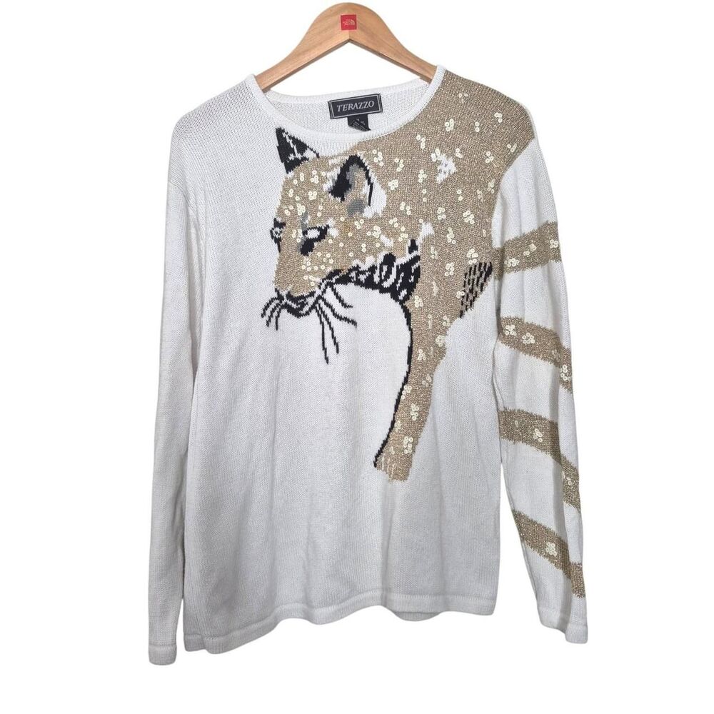Terazzo Vintage White & Gold Sequin Cat Long Sleeve Sweater Size Medium